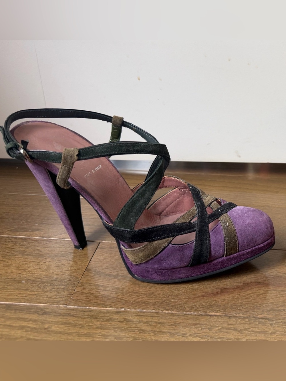 Miu Miu Archival Suede Colorblock Multi Strap Platform Cone Heels Purple 38.5